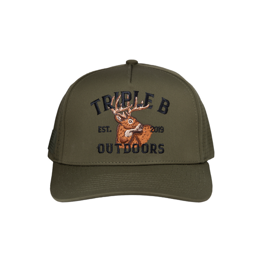 Green cap with 'Triple B Outdoors' logo featuring a deer on a white background