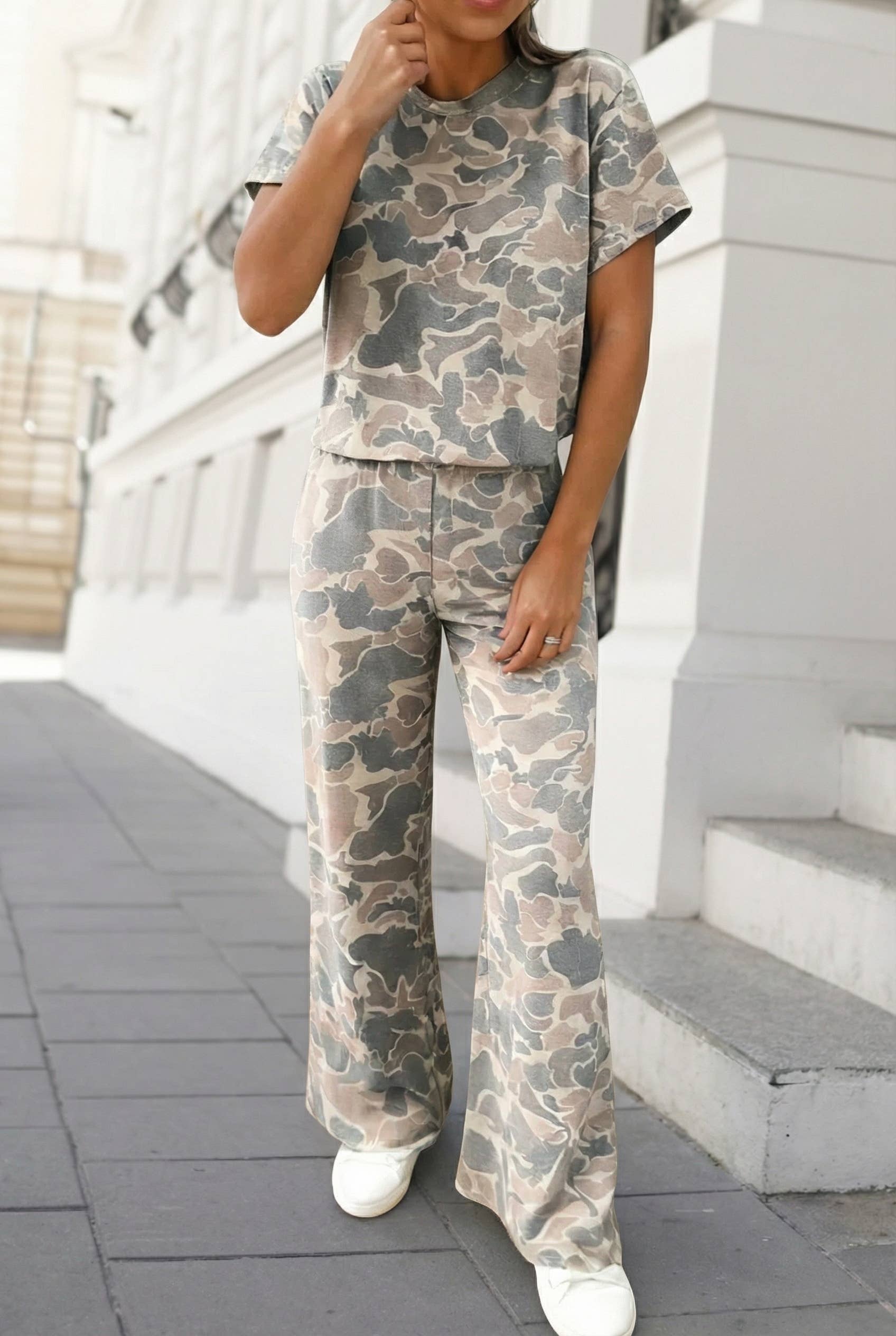 Camo Print T Shirt 2pcs Pants Set